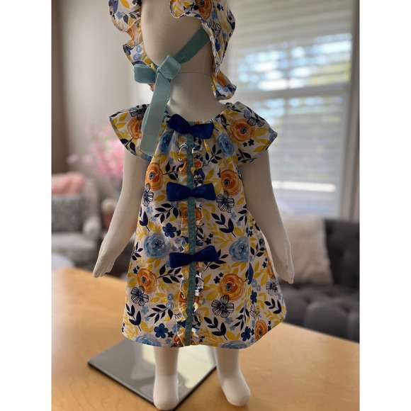 Handmade Toddler Dress Set Blue Velvet Bonnet 12-18 months Velvet Bows - Picture 7 of 10